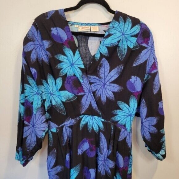 Adini Vintage | Tropical Leaf Berry Printed Surplice Neckline Maxi Dress Blue - Picture 8 of 9